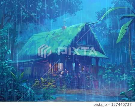 スコールが降る夜のジャングルの小屋、アニメ風 137440727