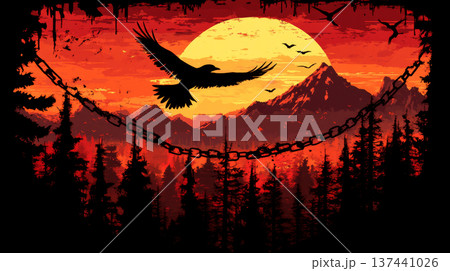 A large bird flies across a vibrant sunset sky above mountains and forest. Concept of freedom and nature's beauty. 137441026