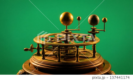 Detailed antique orrery, a mechanical model of the solar system, showcasing celestial bodies and gears. 137441174