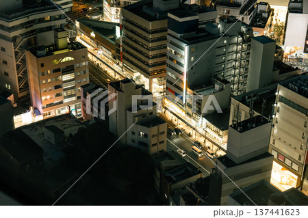 夜の静岡市中心部で見下ろした御幸通り周辺のビル群と街路の照明 夜の静岡市中心部で見下ろした御幸通り周辺のビル群と街路の照明 137441623