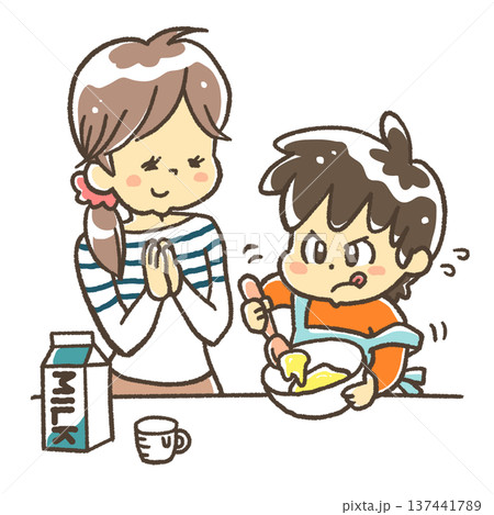 子どもがお手伝いをしているのを見守る親 子どもがお手伝いをしているのを見守る親 137441789