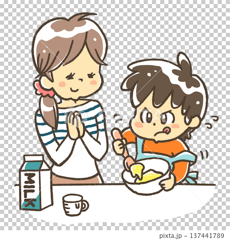 子どもがお手伝いをしているのを見守る親 子どもがお手伝いをしているのを見守る親 137441789