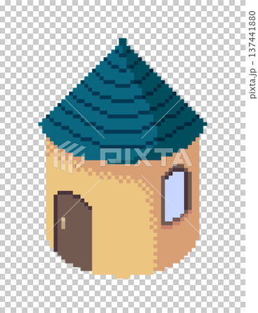 Pixelated blue house with a conical roof, transparent background Pixelated blue house with a conical roof, transparent background 137441880