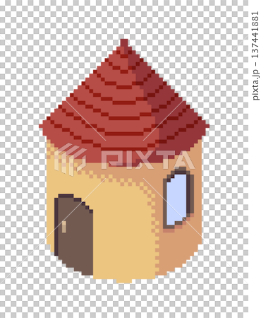 ドット絵の赤い円錐屋根の家,透過背景 ドット絵の赤い円錐屋根の家,透過背景 137441881