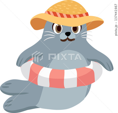 Cute Seal with Lifebuoy and Hat for Summer Fun. Cartoon Beach Animal Illustration 137441987