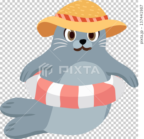 Cute Seal with Lifebuoy and Hat for Summer Fun. Cartoon Beach Animal Illustration 137441987