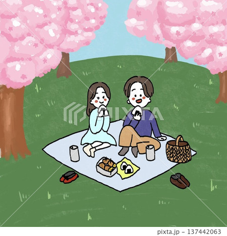お花見する男女のイラスト お花見する男女のイラスト 137442063