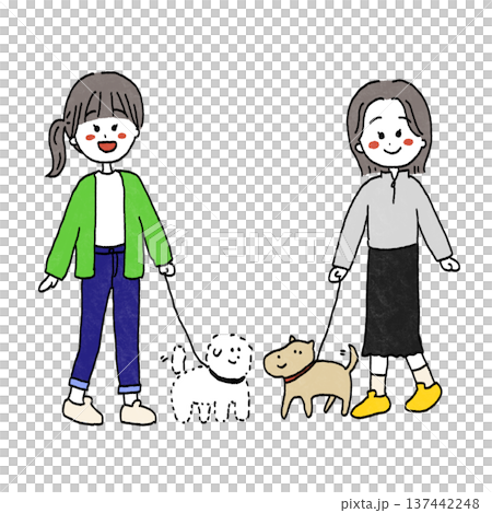 Illustration of two dogs who became friends while walking Illustration of two dogs who became friends while walking 137442248