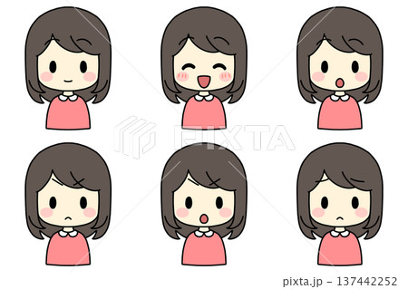 シンプルな女の子のバストアップ・6種表情喜怒哀楽セット 137442252
