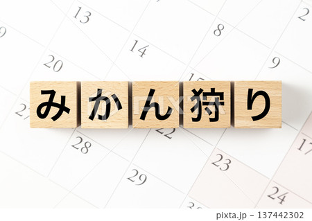 「みかん狩り」と書かれたブロックとカレンダー 「みかん狩り」と書かれたブロックとカレンダー 137442302