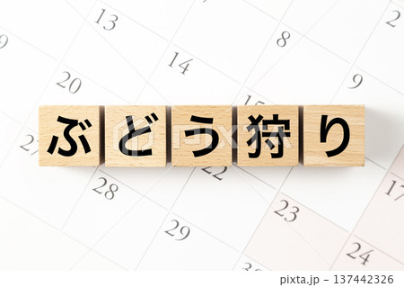 「ぶどう狩り」と書かれたブロックとカレンダー 137442326