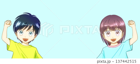 夏服を着て笑顔でガッツポーズをする男の子と女の子のアニメ風イラスト 137442515