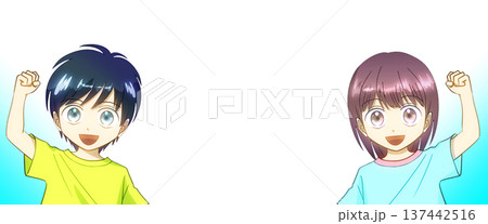 夏服を着て笑顔でガッツポーズをする男の子と女の子のアニメ風イラスト 137442516