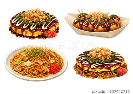 大阪名物・粉もの料理のイラスト素材集 大阪名物・粉もの料理のイラスト素材集 137442713