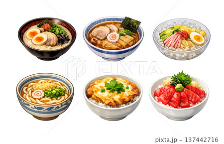 日本食グルメの丼と麺料理のイラストセット 137442716