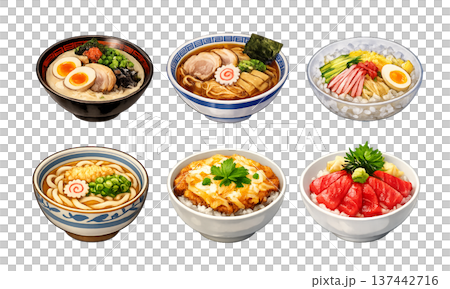 日本食グルメの丼と麺料理のイラストセット 137442716