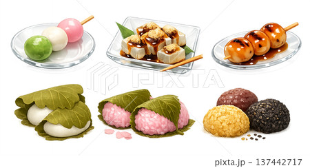 花見団子や桜餅など和菓子イラストセット 137442717