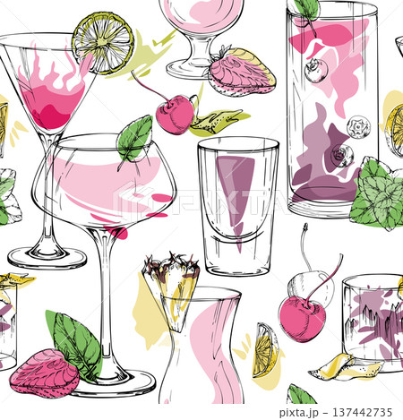 Pastel rosy cocktails, shots, summer drinks with tropical pineapple wedge, citrus wheels, cherry berry. Seamless hand drawn pattern for lifestyle prints, beauty branding, wallpaper and themed merch. 137442735
