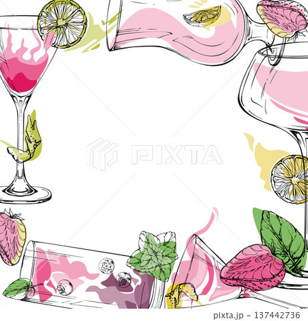 Square frame of cosmopolitan cocktail, milkshake, strawberry margarita and daiquiri in rosy tones. Hand drawn vector border for recipe cards, social headers, feminine branding and themed stationery. Square frame of cosmopolitan cocktail, milkshake, strawberry margarita and daiquiri in rosy tones. Hand drawn vector border for recipe cards, social headers, feminine branding and themed stationery. 137442736