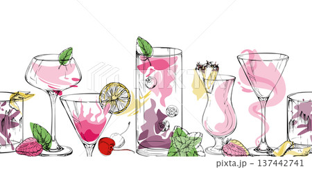Strawberry daiquiri, Cosmopolitan, Berry Mojito Twist cocktails, creamy milkshake. Vector seamless ribbon with ink outline. Hand drawn for social templates, digital modules, menu strips, product wraps Strawberry daiquiri, Cosmopolitan, Berry Mojito Twist cocktails, creamy milkshake. Vector seamless ribbon with ink outline. Hand drawn for social templates, digital modules, menu strips, product wraps 137442741