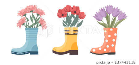 Set of rain boots with bouquets of spring flowers. Cute spring illustrations. Set of rain boots with bouquets of spring flowers. Cute spring illustrations. 137443119