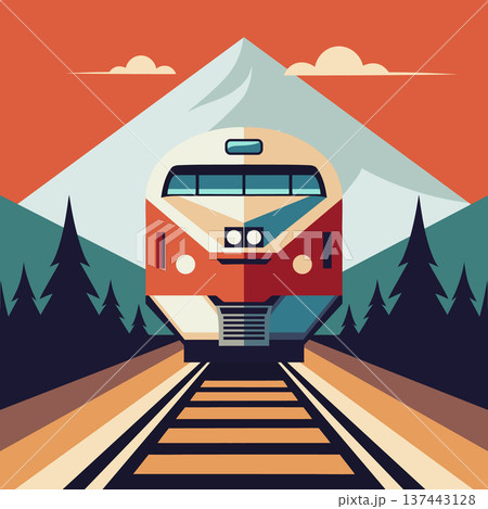 Modern train on the railway. Train traveling through mountain landscape. Illustration. 137443128