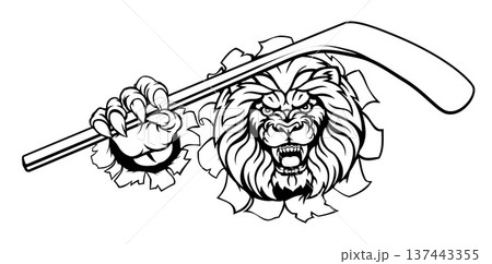 Lion Ice Hockey Player Cartoon Sports Mascot Lion Ice Hockey Player Cartoon Sports Mascot 137443355