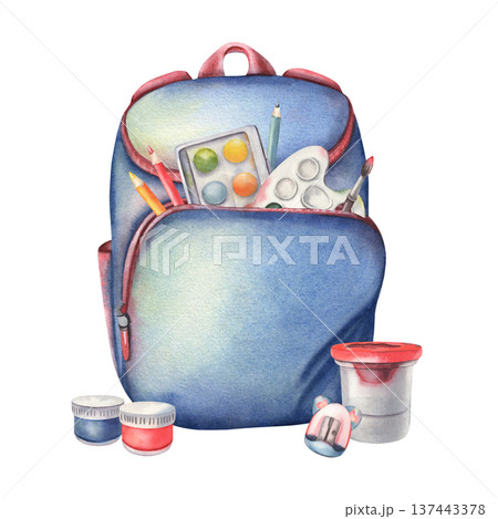 Blue backpack with paints, brush, pencils, palette, sharpener, nonspill cup, paint jars. Hand-painted watercolor illustration isolated on white for school designs, art classes, kids workshops, posters Blue backpack with paints, brush, pencils, palette, sharpener, nonspill cup, paint jars. Hand-painted watercolor illustration isolated on white for school designs, art classes, kids workshops, posters 137443378