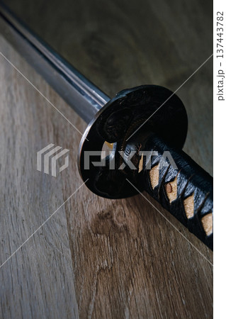 Japanese black katana sword close-up Japanese black katana sword close-up 137443782