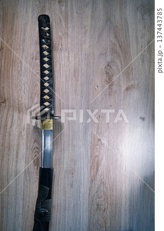 Japanese black katana sword close-up Japanese black katana sword close-up 137443785