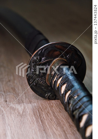 Japanese black katana sword close-up Japanese black katana sword close-up 137443824