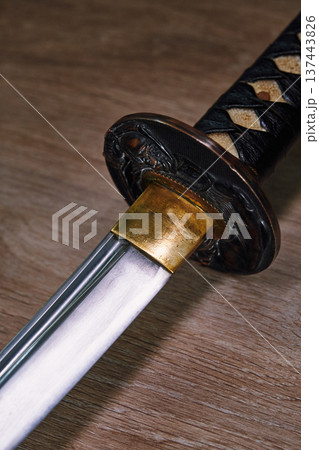 Japanese black katana sword close-up Japanese black katana sword close-up 137443826