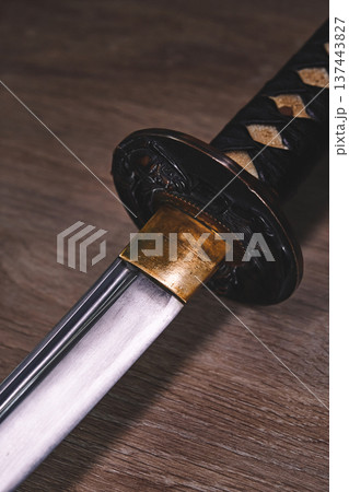 Japanese black katana sword close-up 137443827