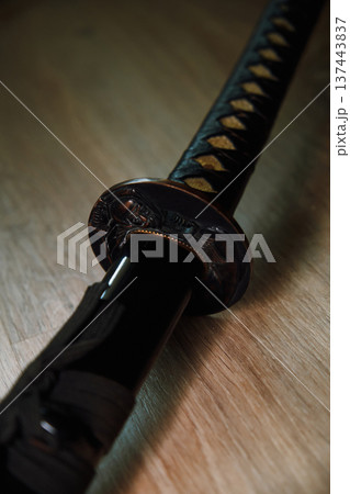 Japanese black katana sword close-up Japanese black katana sword close-up 137443837