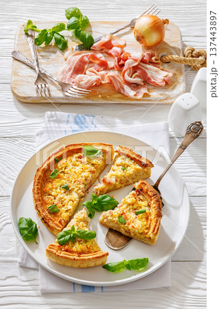 Quiche Lorraine on a white plate, top view Quiche Lorraine on a white plate, top view 137443897