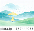 水彩画風の雨の日に傘をさす子供のイラスト 137444033