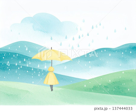 水彩画風の雨の日に傘をさす子供のイラスト 137444033