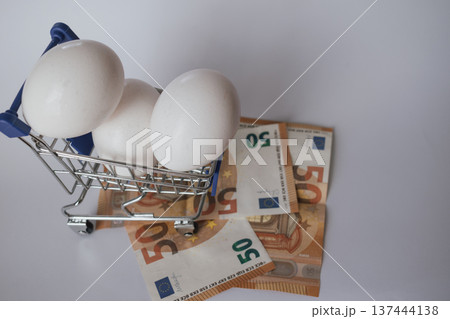 Eggs in a shopping cart with Euro banknotes, symbolizing food price inflation and cost 137444138