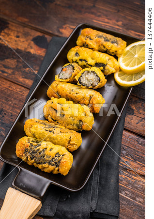 Nori Roll Gimmari, Kimmari Korean Snack with Minced Chicken and Seaweed Wrap. wooden background. top view 137444406