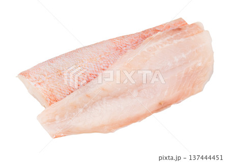 Fresh snapper fish fillet with skin isolated on white. Raw seafood product ready for cooking. Fresh snapper fish fillet with skin isolated on white. Raw seafood product ready for cooking. 137444451