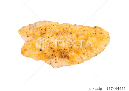 Pan fried snapper fish fillet with golden crispy crust isolated on light background. Cooked seafood meal. 137444453