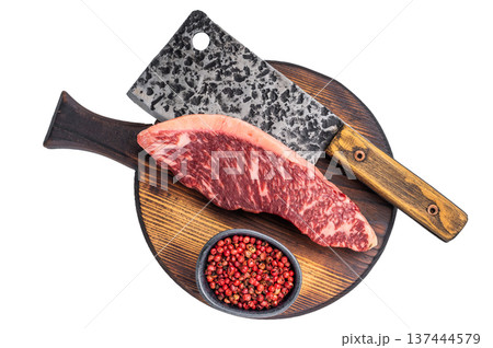 Freshly sourced picanha cut or rump cap steak, raw meat waiting to be transformed into a mouthwatering dish. isolated on white background. top view 137444579