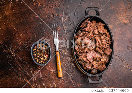 Slow Cooked Pulled Beef, Traditional meat rubbed with spices and smoked. brown background. top view Slow Cooked Pulled Beef, Traditional meat rubbed with spices and smoked. brown background. top view 137444669