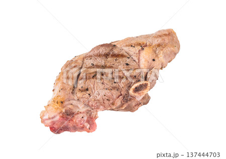 Grilled lamb chump chop with bone isolated on white background, roasted sirloin saddle cut showing natural texture, seasoning and juicy cooked meat concept. 137444703