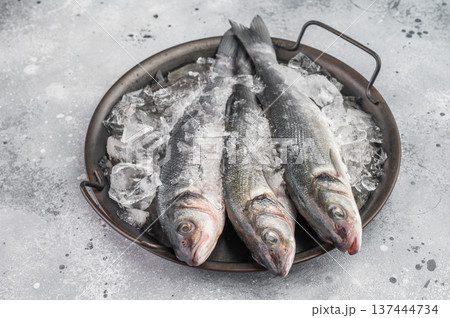 Raw sea bass fish preserved on ice in rustic pan, clean top view composition ideal for fresh seafood advertising, restaurant menu and retail concepts. Raw sea bass fish preserved on ice in rustic pan, clean top view composition ideal for fresh seafood advertising, restaurant menu and retail concepts. 137444734