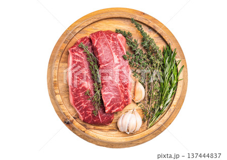 Raw beef marbled steak, Australian Oyster Top blade steak isolated on white background. top view Raw beef marbled steak, Australian Oyster Top blade steak isolated on white background. top view 137444837