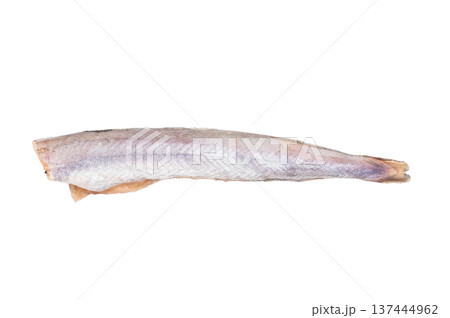 Raw frozen blue whiting fillet stacked isolated on clean white background minimal seafood composition with natural silver skin texture overhead studio food photography 137444962