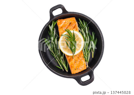 Fried salmon fillet with herbs, grilled fish steak in a pan isolated on white background. top view 137445028