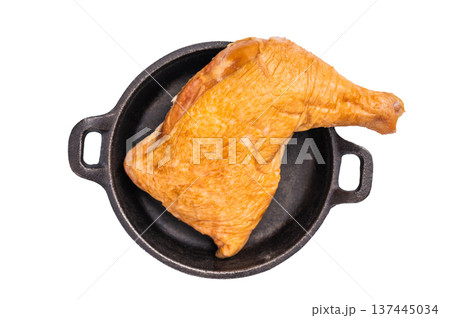 BBQ Smoked chicken leg, poultry meat in skillet isolated on white background. top view 137445034