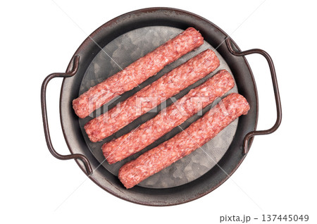 Fresh minced beef and lamb kebabs with fresh spices, arabic kofta kofte kebab isolated on white background. top view Fresh minced beef and lamb kebabs with fresh spices, arabic kofta kofte kebab isolated on white background. top view 137445049